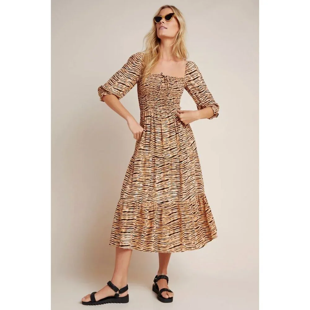Faithfull the Brand Wyldie Midi Dress Tiger Striped Size 4 or Small Midi Smocked - Picture 1 of 11